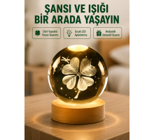 Yonca Figürlü Cam Küre USB Işıklı Ahşap Tabanlı Dekoratif Masa Lambası