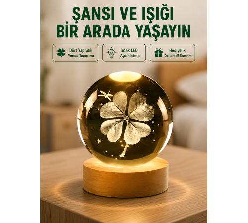Yonca Figürlü Cam Küre USB Işıklı Ahşap Tabanlı Dekoratif Masa Lambası