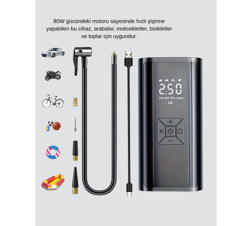 Taşınabilir 80W Kablosuz Lastik Şişirme Pompası Dijital Ekranlı