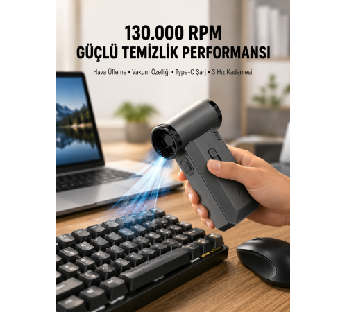 130000 RPM Çok Fonksiyonlu Şarjlı Hava Üfleme ve Vakum Temizlik Cihazı