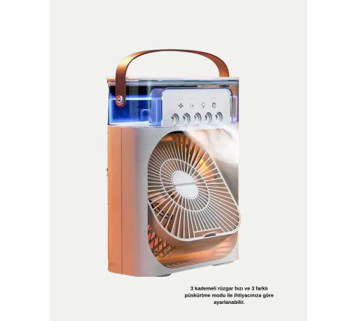 3’ü 1 Arada Mini Klima Fan USB Şarjlı, 7 Renk Gece Lambalı ve Nemlendirici