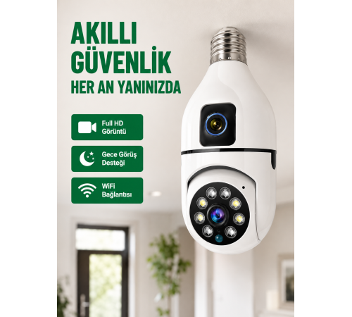 WiFi Ampul Güvenlik Kamerası 1080P Full HD Gece Görüşlü ve Hareket Algılamalı