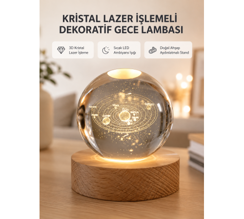 USB Bağlantılı Işıklı Kristal Küre Modern Ahşap Tabanlı Dekor