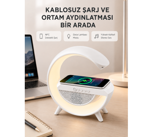 Bluetooth 5.0 Hoparlör – Kablosuz Şarj, RGB Gece Lambası ve FM Radyo