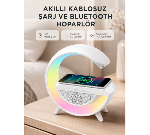 Kablosuz Şarjlı Bluetooth Hoparlör ve Gece Lambası – NFC, FM Radyo, RGB Işık