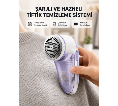 Şarjlı Tiftik Temizleyici – Çıkarılabilir Hazneli, Anti-Statik Fırçalı, USB Şarjlı