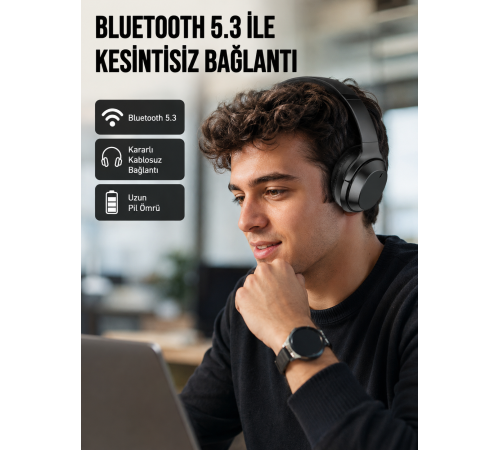 Siyah Kablosuz Bluetooth Kulaklık 300 mAh Hızlı Şarj Katlanabilir Pedli Yeni Nesil