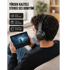 Bluetooth 5.0 Siyah Kablosuz Kulaklık 18 Saat Batarya Katlanabilir Tasarım Yeni Nesil