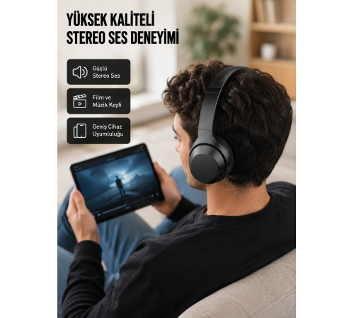 Bluetooth 5.0 Siyah Kablosuz Kulaklık 18 Saat Batarya Katlanabilir Tasarım Yeni Nesil