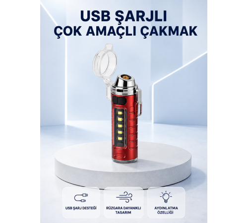 USB Şarjlı Rüzgar Geçirmez Elektrikli Çakmak El Fenerli