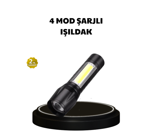 4 Mod Şarjlı Işıldak | Ultra Güçlü Cree LED | Su Geçirmez Alüminyum Gövde