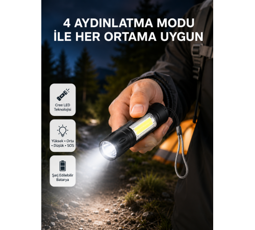 Ultra Dayanıklı 4 Mod Şarjlı Işıldak | Suya ve Darbeye Dayanıklı | 100.000 Saat LED Ömrü