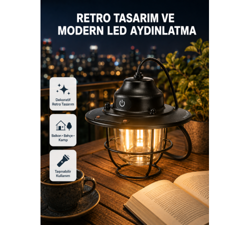 Retro Kamp Lambası Su Geçirmez Taşınabilir Gece Işığı Uzun Pil Ömürlü