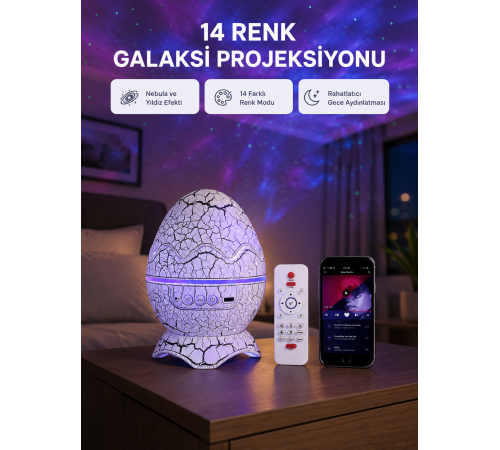 Yıldızlı Gökyüzü Dinozor Yumurta Projektör – Ayarlanabilir Parlaklık ve Hız