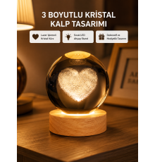 Romantik Kalpli Kristal Cam Küre USB’li Işıklı Dekoratif Obje