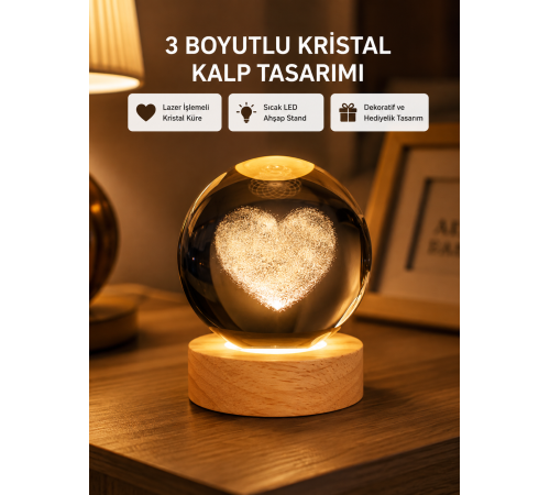 Romantik Kalpli Kristal Cam Küre USB’li Işıklı Dekoratif Obje