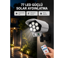 77 LED'li Güneş Enerjili Güvenlik Lambası ve Kukla Kamera – Hareket Sensörlü, 2400mAh Pilli