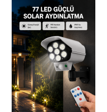 77 LED'li Güneş Enerjili Güvenlik Lambası ve Kukla Kamera – Hareket Sensörlü, 2400mAh Pilli