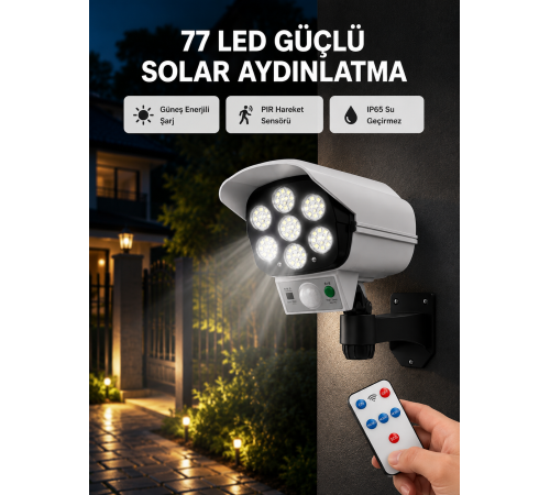 77 LED'li Güneş Enerjili Güvenlik Lambası ve Kukla Kamera – Hareket Sensörlü, 2400mAh Pilli