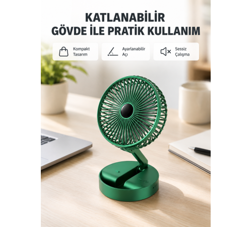 Şarjlı Katlanabilir Mini Fan – 3 Kademe Hız Ayarı, Taşınabilir Tasarım