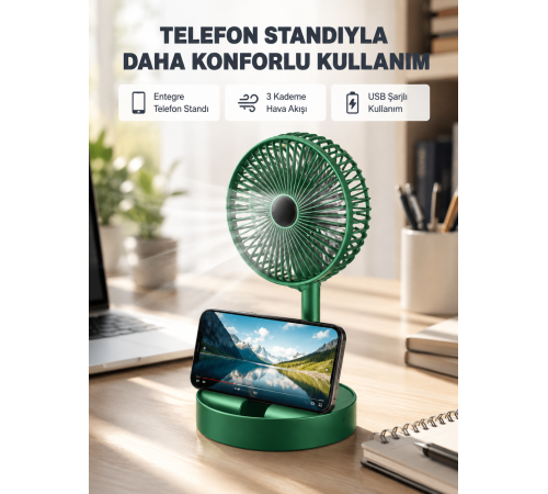 Taşınabilir Şarjlı Mini Fan – Katlanabilir Gövde, 3 Hız Kademesi