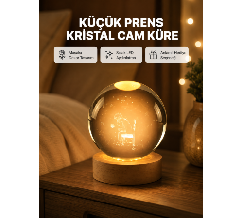 8 cm Küçük Prens Cam Küre USB Işıklı Ahşap Tabanlı Dekor