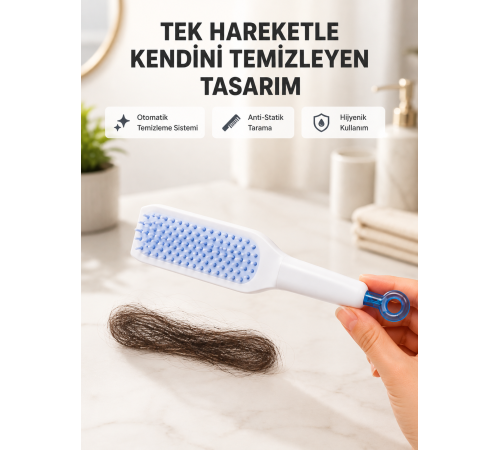 Kendi Kendini Temizleyen Saç Tarağı – Anti-Statik, Silikon Uçlu, ABS Malzeme, 22x4 cm