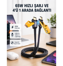 USB-C USB-A 4’ü 1 Arada Örgülü Kablo 65W Hızlı Şarj Metal Uç Dayanıklı