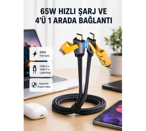 USB-C USB-A 4’ü 1 Arada Örgülü Kablo 65W Hızlı Şarj Metal Uç Dayanıklı