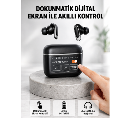 Bluetooth 5.3 ANC Kablosuz Kulaklık – Dokunmatik Kontrol, Dijital Ekran ve Uzun Pil Ömrü