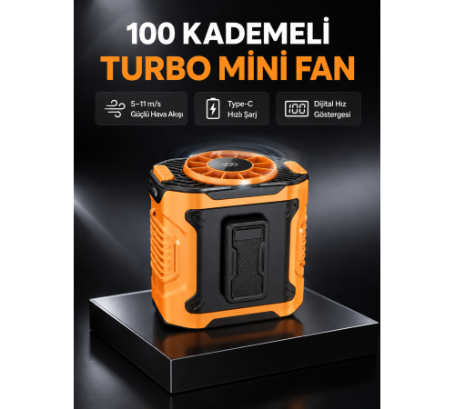 Dijital Ekranlı Turbo Mini Fan – 3 Kademeli Hız, Sessiz Çalışma ve Type-C Şarj