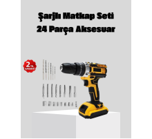 24 Parça Çift Bataryalı Akülü Darbeli Matkap – Güçlü Motor, Metal Dişli, LED Işıklı