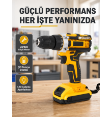 Çift Bataryalı Darbeli Şarjlı Matkap Seti – Metal Dişli, 24 Parça Aksesuar ve LED Işıklı