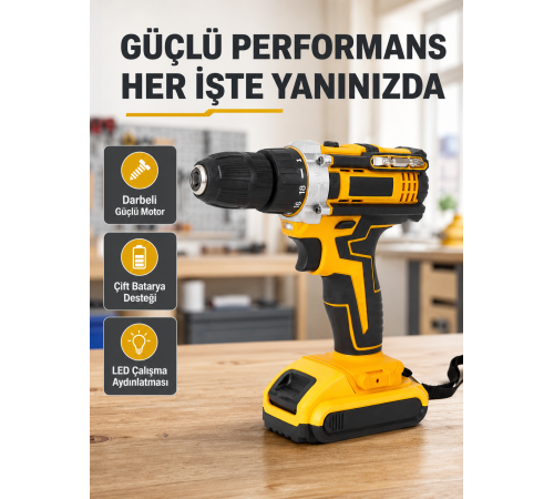 Çift Bataryalı Darbeli Şarjlı Matkap Seti – Metal Dişli, 24 Parça Aksesuar ve LED Işıklı