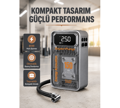 150 PSI Kablosuz Şarjlı Hava Pompası – LED Ekranlı ve Otomatik Kapanma Özellikli