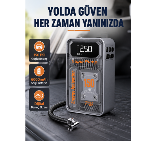 Şarjlı Kablosuz Hava Pompası – 150 PSI Basınç, LED Ekran ve 6000mAh Batarya