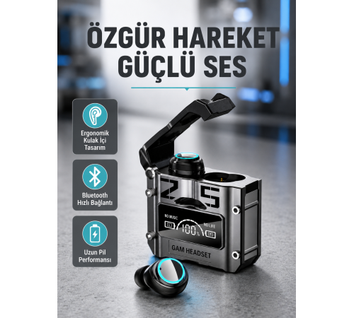 IPX5 Su Geçirmez Kablosuz Bluetooth Kulaklık – Powerbank Şarj Kutulu, Düşük Gecikmeli Oyun Modu