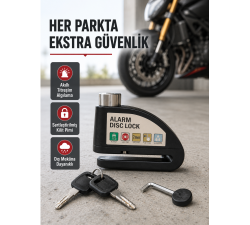 Titreşim Sensörlü Alarmlı Motosiklet Disk Kilidi 14mm Çelik Çift Kilitleme