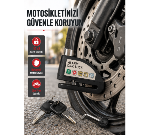 110 dB Alarmlı Disk Fren Kilidi Su Geçirmez Çelik Gövde Motosiklet Güvenlik