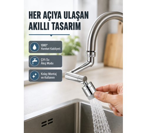 2 Modlu 1080° Dönebilen Musluk Başlığı Esnek 3 Eklemli Hareketli Tasarım