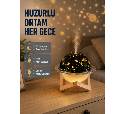 Aromaterapili USB Hava Nemlendirici – Projeksiyon Işıklı, Sessiz ve Şık Tasarım