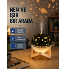 USB Projeksiyon Gece Lambası ve Hava Nemlendirici – Aromaterapi Destekli, Taşınabilir Mini