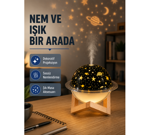 USB Projeksiyon Gece Lambası ve Hava Nemlendirici – Aromaterapi Destekli, Taşınabilir Mini