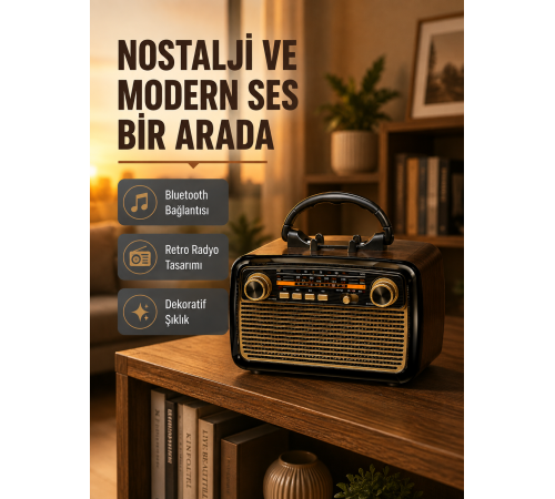 LED’li Nostaljik Bluetooth Hoparlör – Vintage Tasarım, Ahşap Doku