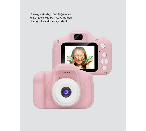 8MP Mini Çocuk Fotoğraf Makinesi – Pembe Ses Kaydı Özellikli