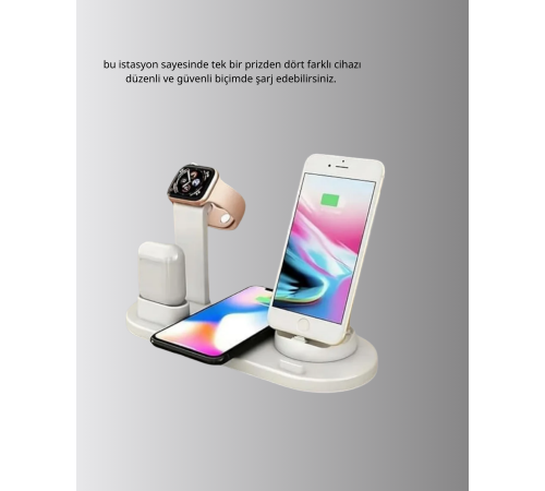 Apple Uyumlu Kablosuz Şarj İstasyonu 4 Cihaz Destekli ve Hızlı Şarjlı