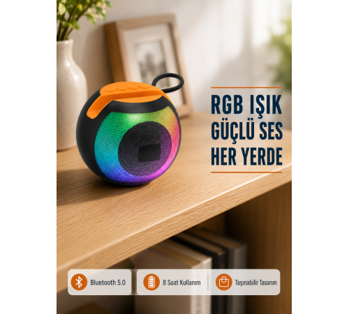 RGB Işıklı Bluetooth Hoparlör – 360° Stereo Ses ve 8 Saat Çalma Süresi