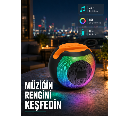 Bluetooth 5.0 Hoparlör – RGB Işıklı, Güçlü Bas ve 360° Surround Ses