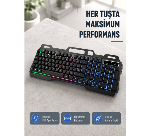 RGB Aydınlatmalı Klavye Mouse Seti – USB Bağlantılı, Türkçe Q, Ayarlanabilir DPI, Ergonomik Yapı