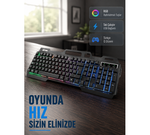 Profesyonel Klavye Mouse Seti – RGB Işıklı, Türkçe Q, DPI Ayarlı, Dayanıklı Gövde